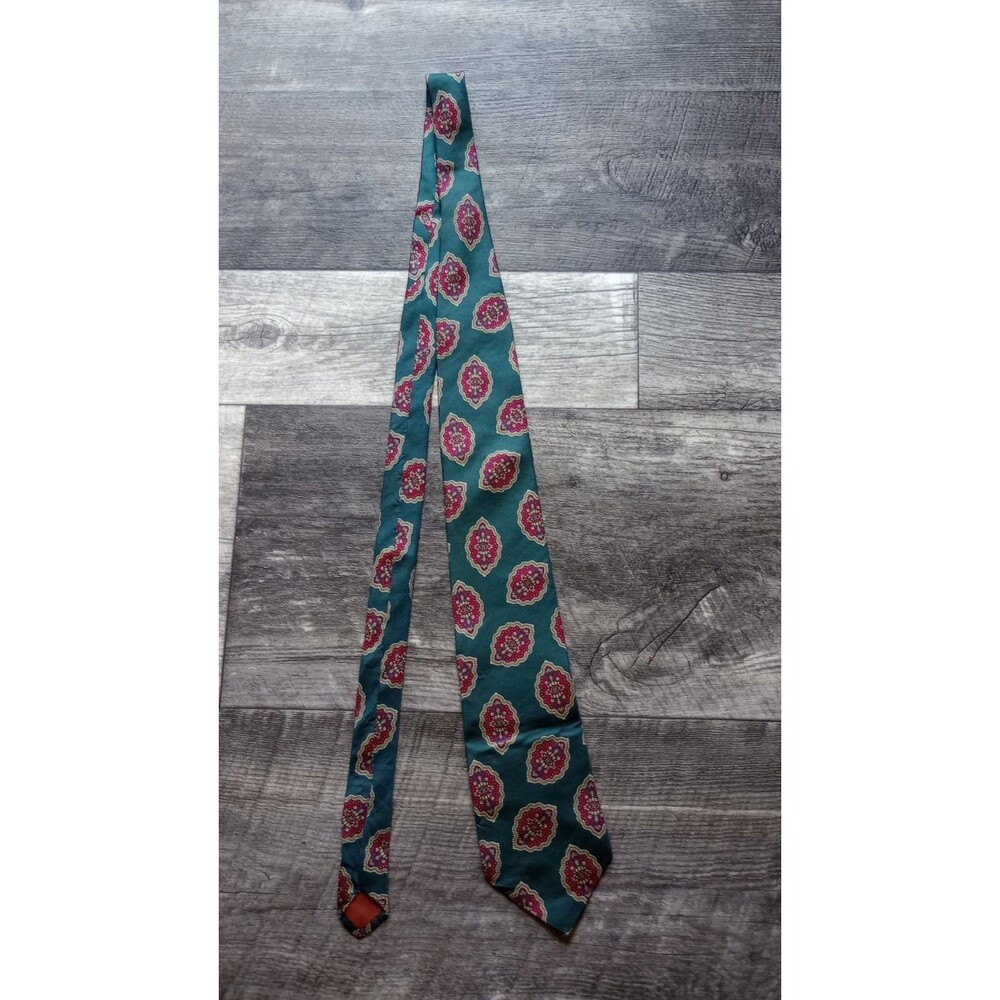 Rivetz Of Boston Teal And Red Medallion Pattern Silk Tie, Vintage